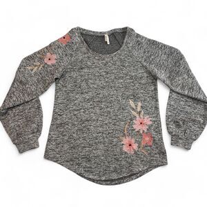 Roper Floral Sweater Womens Medium Heathered Gray Fleece Embroidered Flowers